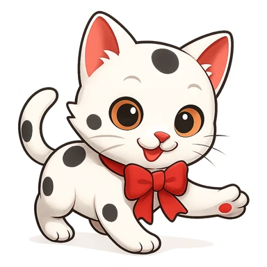 Make the kitty in a playful pose, keep it small, white with small black spots and a red bow, with no background. The style should be suitable for a small, cute cat illustration with no background. sticker