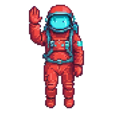 a man in a red spacesuit with a cyan visor, pixel art, waving sticker
