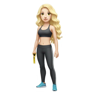 Woman, white skin, pale skin, long hair, blonde hair, wavy hair, standing, sports bra, leggings, tape measure wrapped around waste sticker
