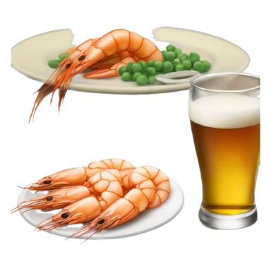 a glass of beer next to a plate of shrimp sticker