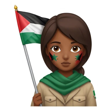 A girl holding a Palestine flag with dust on her face sticker