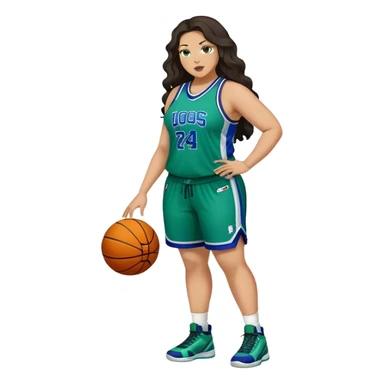 Full Body light skin Latino plus size full figured women basketball player with long wavy dark hair  wearing blue and green uniform sticker