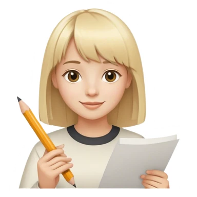young happy artist with straight blonde hair and bangs, with pencil ad paper sticker