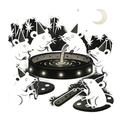 Make the scene night time with a dark sky, glowing pool lights, and moonlight. Keep the black doodle style and cult weed cheese pool party theme. Preserve transparency if present. Render in black doodle style. sticker