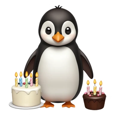 A penguin standing near a cake, feeling shy from a surprise celebration, portrait, bust up sticker