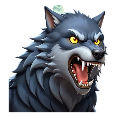 cinematic-noble-fierce-werewolf-howling-portrait-emoji, poised-and-imposing, with a fierce wolfish face tilted upwards in a haunting howl, glowing eyes full of primal ferocity, sharp, elongated fangs bared, and a rugged snout, fur rippling in shades of midnight black and silver, muscles tensed as the powerful howl echoes beneath the moonlit sky; rendered with realism, capturing the raw, untamed power of the beast in its wild, primal state sticker