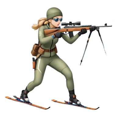 An icon showing a snowy landscape with pine trees, mountains, and a clear sky with a biathlete aiming a rifle in the foreground, wearing winter gear and skis. Transparent background emphasizes the precision, endurance, and beauty of this winter sport. sticker