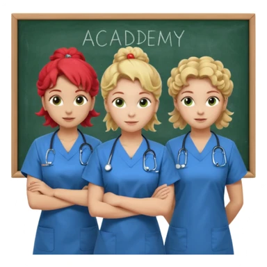 3 nurses: nurse 1 is wearing green work clothes, curly hair, middle european. nurse 2 is wearing blue work clothes, blond straight hair, scandinavic, nurse 3 is wearing white work clothes, red hair put into a bun, slavic. they all stand in a classroom, "Academy" written in white on board sticker