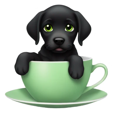 a black labrador puppy with green eyes sitting in a tea cup sticker