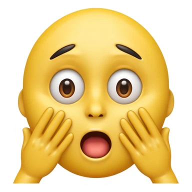 A 3D glossy yellow emoji of a shocked horrified face, with mouth and eyes are wide open, eyebrows  raised, and hands against their cheeks, face without nose, black background, high quality, soft studio lighting sticker