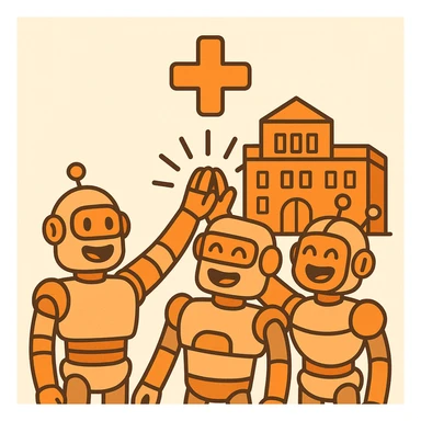fun, flat icon showing a team of smiling robots high-fiving in front of a stylized orange headquarters, with a big orange plus sign above, playful, orange-themed, suitable for a B2B SaaS LLM evaluation Slack workspace sticker