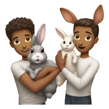 brunette young man holding a ginger bunny and a gray bunny sticker