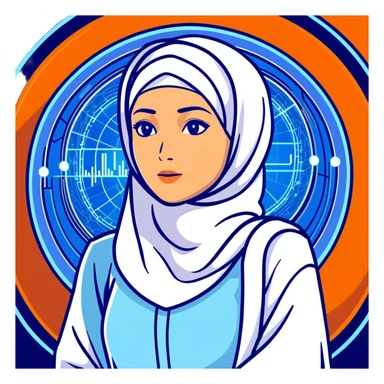 woman with white hijab in blue outfit, gazing forward, encircled by futuristic holographic screens displaying AI visualizations, quantum data patterns, circuit networks, high-tech metaverse elements sticker