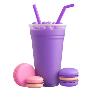 3D emoji of purple bubble tea with a macaron beside it, glossy and appealing sticker