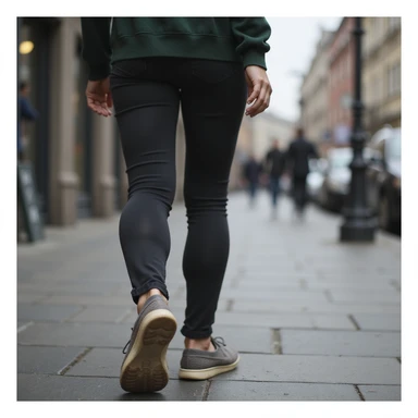 realistic 4K woman walking with slight limp, visible insole in shoe, tired expression, urban realistic environment sticker