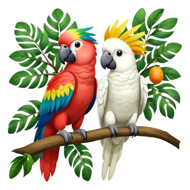 Close-up of colorful parrots Ara and Cockatoo Inca perched on tree branches, surrounded by lush greenery. Bright, vivid feathers contrast with the natural background of trees, leaves, fruits. Soft natural light, enhancing vibrant colors. Transparent background. sticker