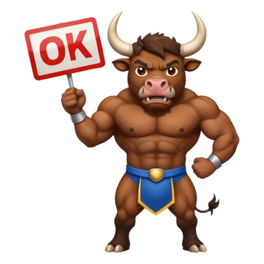 Angry powerful bull emoji holding a sign with the words OK in front of it sticker