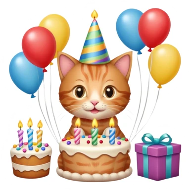 Ginger tabby kitten celebrates birthday, birthday hat, birthday cake, one candle, balloons, happy, gifts sticker