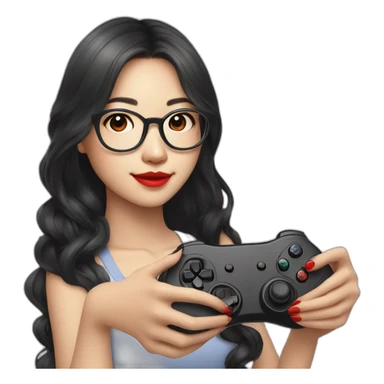 Teen Asian girl with long black wavy hair holding game controller wearing glasses red lips sticker