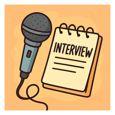 cartoon style illustration of a microphone and notepad symbolizing an interview, bright colors, playful look sticker