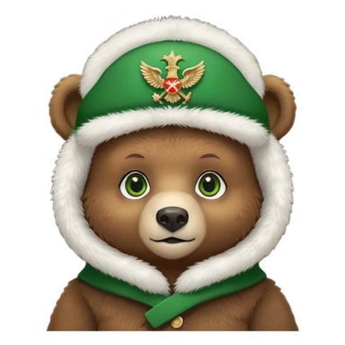 Just the head of a cute small brown bear cub with green eyes, wearing only a white fluffy ushanka hat with detailed Russian Federation double-headed eagle emblem, no other clothing, iOS emoji style sticker