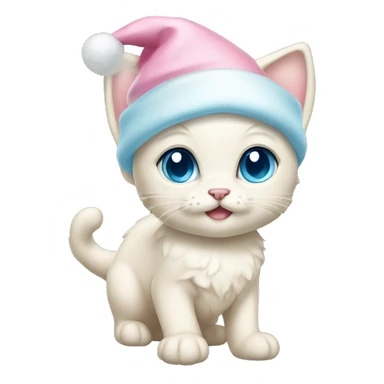 Cream kitten whole body with pastel blue eyes, and with pink Christmas hat sticker