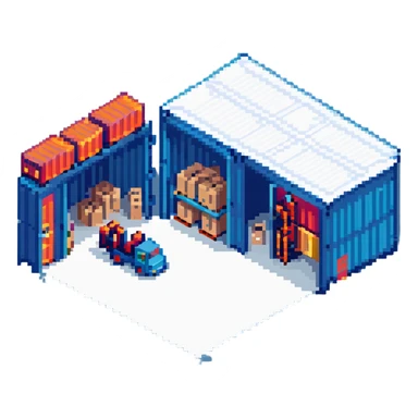 isometric warehouse building with loading dock, shipping containers, and forklift sticker