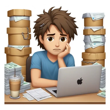 Create an emoji of an exhausted entrepreneur chained to their laptop, with stacks of invoices around them. They have tired eyes, messy hair, and a cold coffee next to them, symbolizing endless work without real progress. sticker