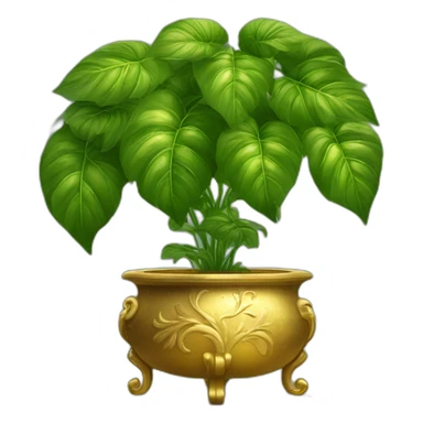 divine plant with big leaves in a golden flower pot on a stand with four feer sticker