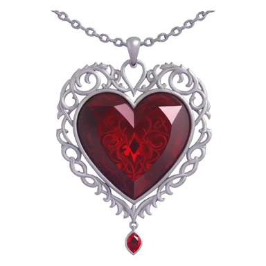 gothic heart, black velvet texture, silver chain, blood red gemstone, ornate and dramatic style, swirling dark mist sticker