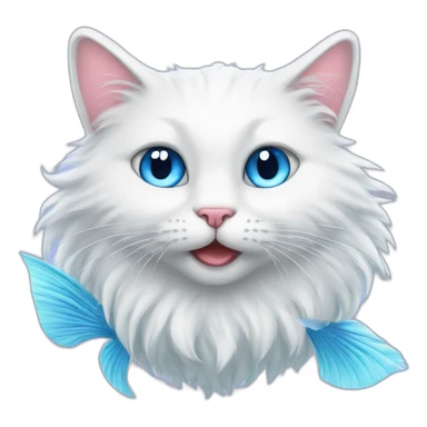 Head of White fluffy cat and a half of blue magic fish tail sticker