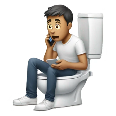 man sitting on toilet and shocked by information on phone sticker