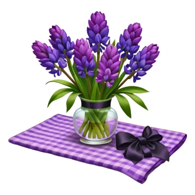 A lush bouquet of bright prple color Hyacinths black satin ribbon, resting on an antique wooden table, with a pale yellow and pink plaid pattern table cloth sticker