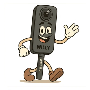 Insta360 camera on a stick named Willy with arms and legs, fun and whimsical cartoon style sticker
