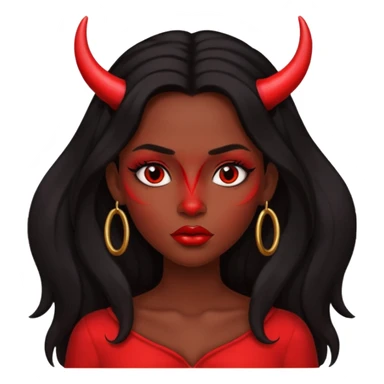 A skin red girl's face with cheekbones, long black hair, small red horns, big lips sticker