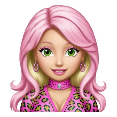 Smiling Green eyed white skin Nicki Minaj wearing a pink leopard print outfit with hair that is half blonde and half pink sticker
