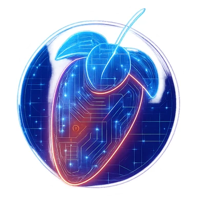 Transform the FL Studio logo into a cyberpunk, holographic style with glowing neon blue and pink edges, circuit patterns throughout the entire icon, and a transparent background. Maintain the recognizable fruit shape and colors, overlaying neon and circuit effects in a consistent futuristic, clean cyberpunk glow style with intricate circuit details. sticker
