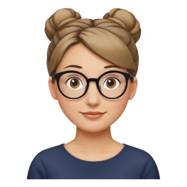 femme de 38 ans avec des cheveux blond foncé, un chignon haut, yeux bruns, lunettes rondes sticker