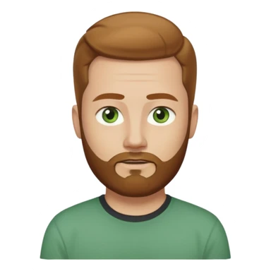 A young man with short light chestnut hair slicked back, a medium-length thick beard, and light green eyes. Fair skin, oval face, neutral expression. Wearing a dark t-shirt, plain light (white or gray) background. Shoulder-up front portrait. sticker