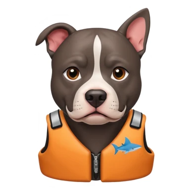 Black pit bull wearing life vest that has a shark fin sticker