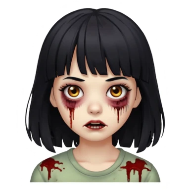 Zombie girl, black hair with bangs, slightly wavy, layered haircut,long hair,long eyelashes, black eyes,iOS style sticker