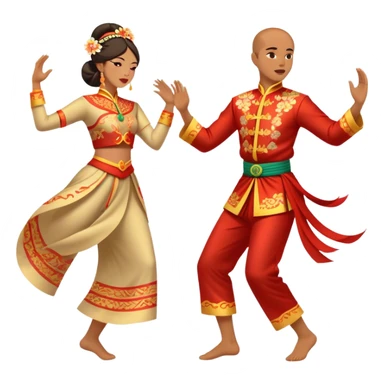 Cinematic Realistic scene of two performers executing a traditional Vietnamese folk dance, adorned in intricately patterned traditional costumes, captured in fluid motion with soft, culturally rich lighting sticker