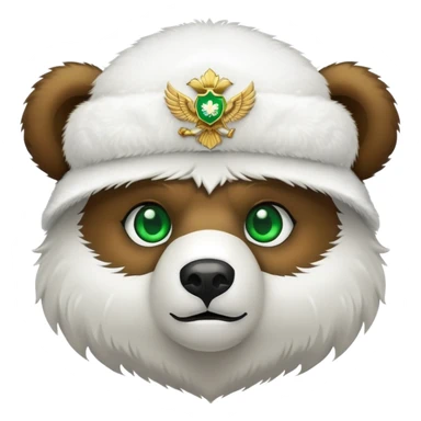 Adorable bear head with bright green eyes, white fluffy ushanka with clean simple Russian double-headed eagle emblem, minimalist iOS emoji style sticker
