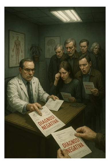 A realistic, cinematic illustration set in a dull, grey-toned medical office. A middle-aged male doctor in a white coat with a stern, cold expression is seated at his desk, handing out medical reports with large red ‘Negative Diagnosis’ stamps to each patient in line. The patients, of various ages and appearances, stand in a line, each looking increasingly sad, defeated, and demoralized as they receive their papers, with slumped shoulders and empty gazes. One young woman wipes away a tear, while a man stares at the paper in shock. The background shows medical posters, a faded plant, and harsh fluorescent lighting, emphasizing the cold, mechanical environment. The mood is heavy, illustrating how negative diagnoses delivered without empatia can deeply affect the mental health and morale of patients. The style is realistic, with subtle filmic grain, emphasizing emotional impact and the weight of medical words on people’s lives.in italiano sticker