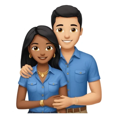 smiling embracing interracial couple from waist up. ebony woman with long hair and jewelry. brazillian man short hair wearing blue. sticker