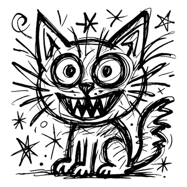 chaotic outlined icon of a cat with exaggerated, wild features sticker