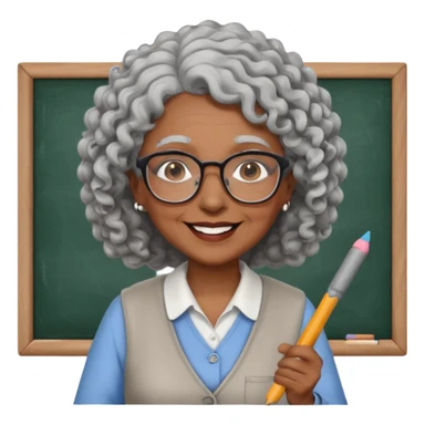 old woman teacher, brown skin, curly grey white hai, wearing glasses, hold chalk on hand sticker