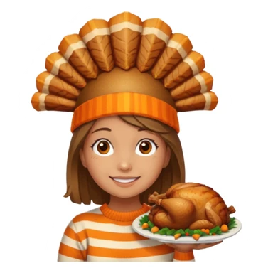 happy tan girl with an orange striped sweater and a cooked browned turkey on her head  sticker