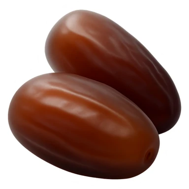 Show exactly two or three whole dates, glossy brown skin, slightly wrinkled, plump and soft, natural shape and color variation from deep amber to mahogany. Clustered together, no plate or extra elements, no faces. Clean 3D, soft shadows, transparent background, emoji scale. sticker