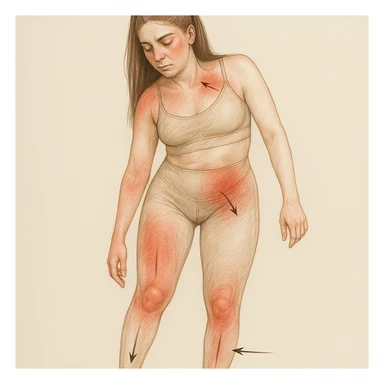 Realistic clinical style illustration of a woman with tilted pelvis and asymmetric posture, showing clear signs of inflammation with redness on joints and muscles, anatomical details, neutral background, arrows indicating problematic areas. sticker